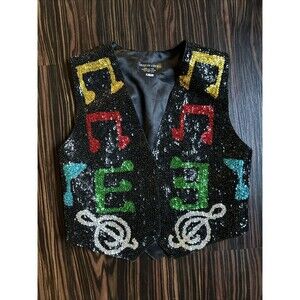 Vest Unisex XS Black Sequined Musical Notes Snap Front